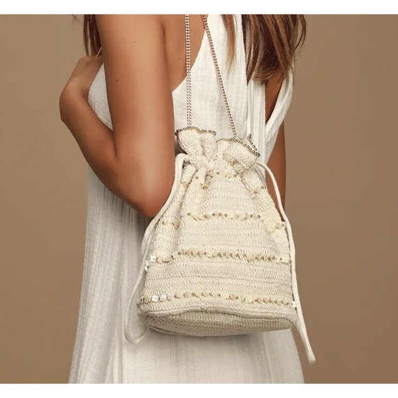 Lulus Beach Cream Beaded Woven Bucket Crossbody Bag With Adjustable Drawstrings - Picture 2 of 13